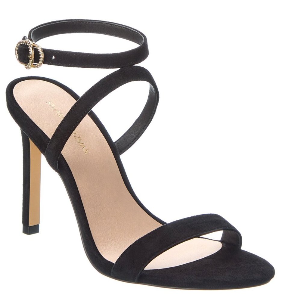 Stuart Weitzman Crystal Buckle 95 Suede Sandal Minimalist Strappy High Heels 6